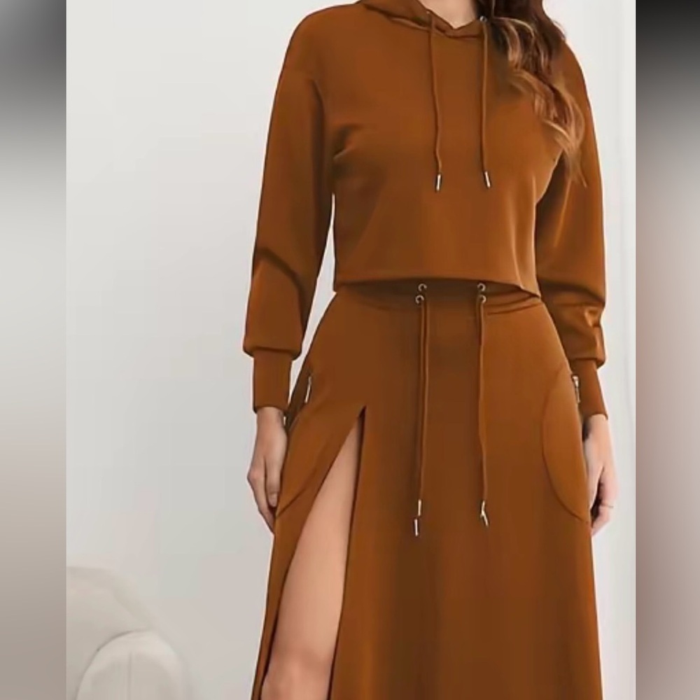Brown Hoodie and Skirt Set